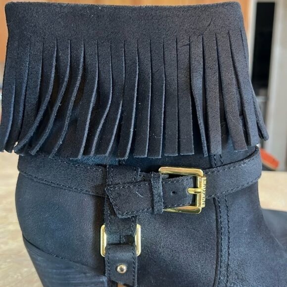 Lauren Ralph Lauren Boots Womens 7.5B Black Suede Fringe & Buckle Zip Western - Picture 7 of 11